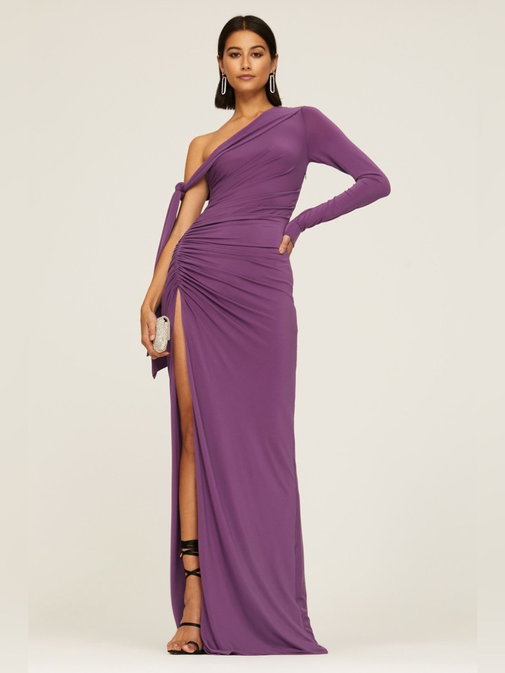 H by Halston One-Shoulder Ruched Gown in Violet